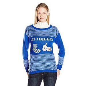 Isabellas Closet Womens Gelt Digger Ugly Hannukkah Sweater, Blue, Size Medium